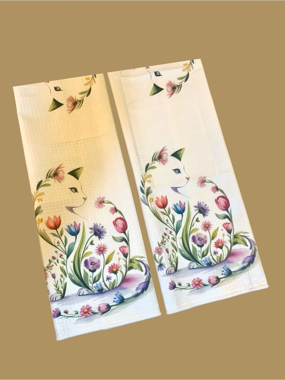 Set of two Floral Cat Waffle Cotton Fabric Kitchen Towels - White
